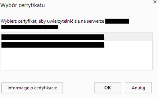 Rysunek 11 Okienko z wyborem certyfikatu