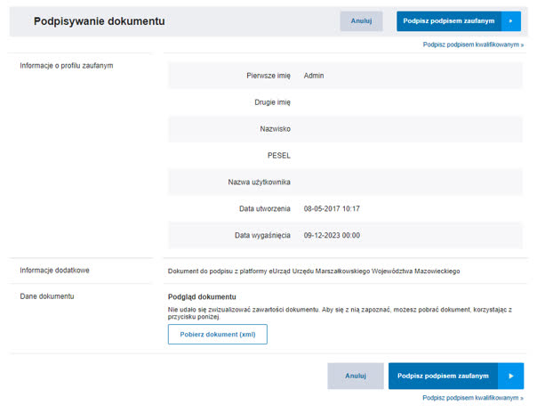 Rysunek 40 Podpisywanie dokumentu - Profil Zaufany